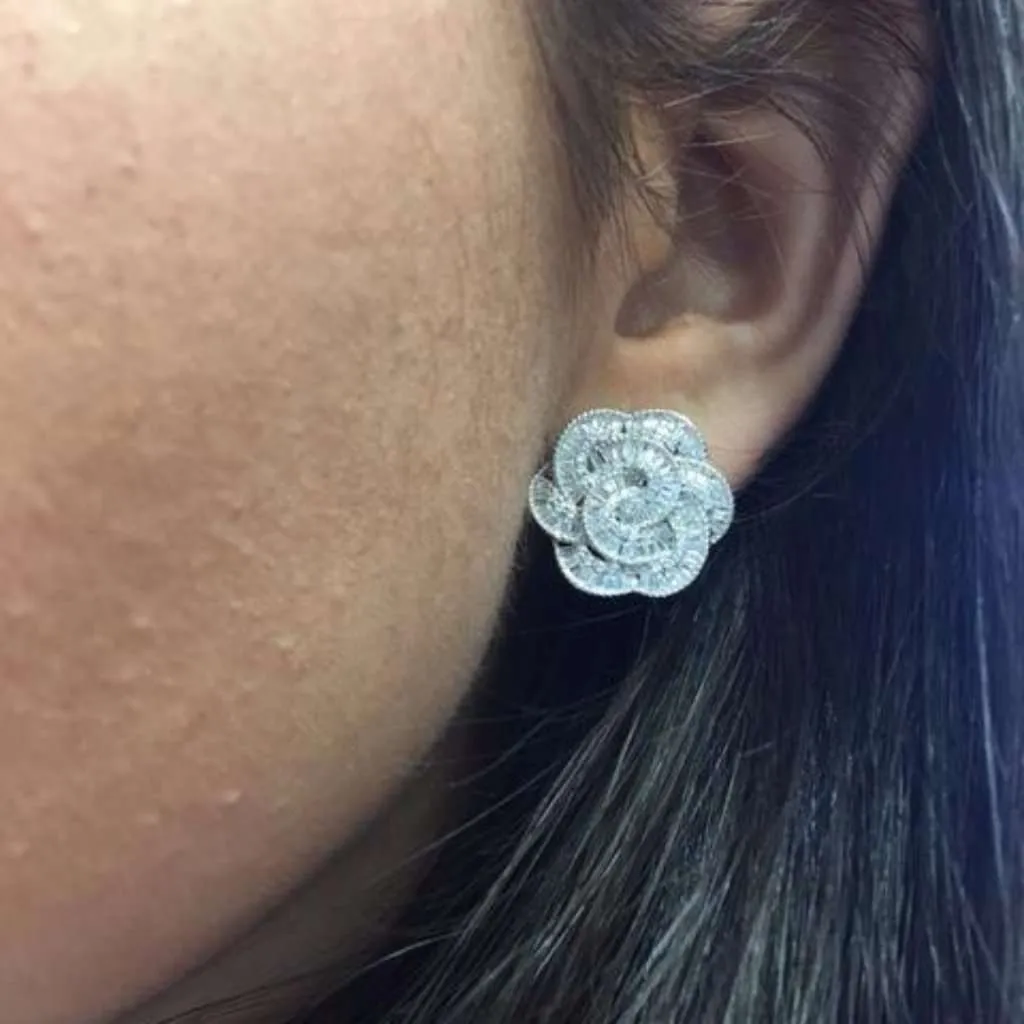 Italian CZ Baguette Flower Earrings