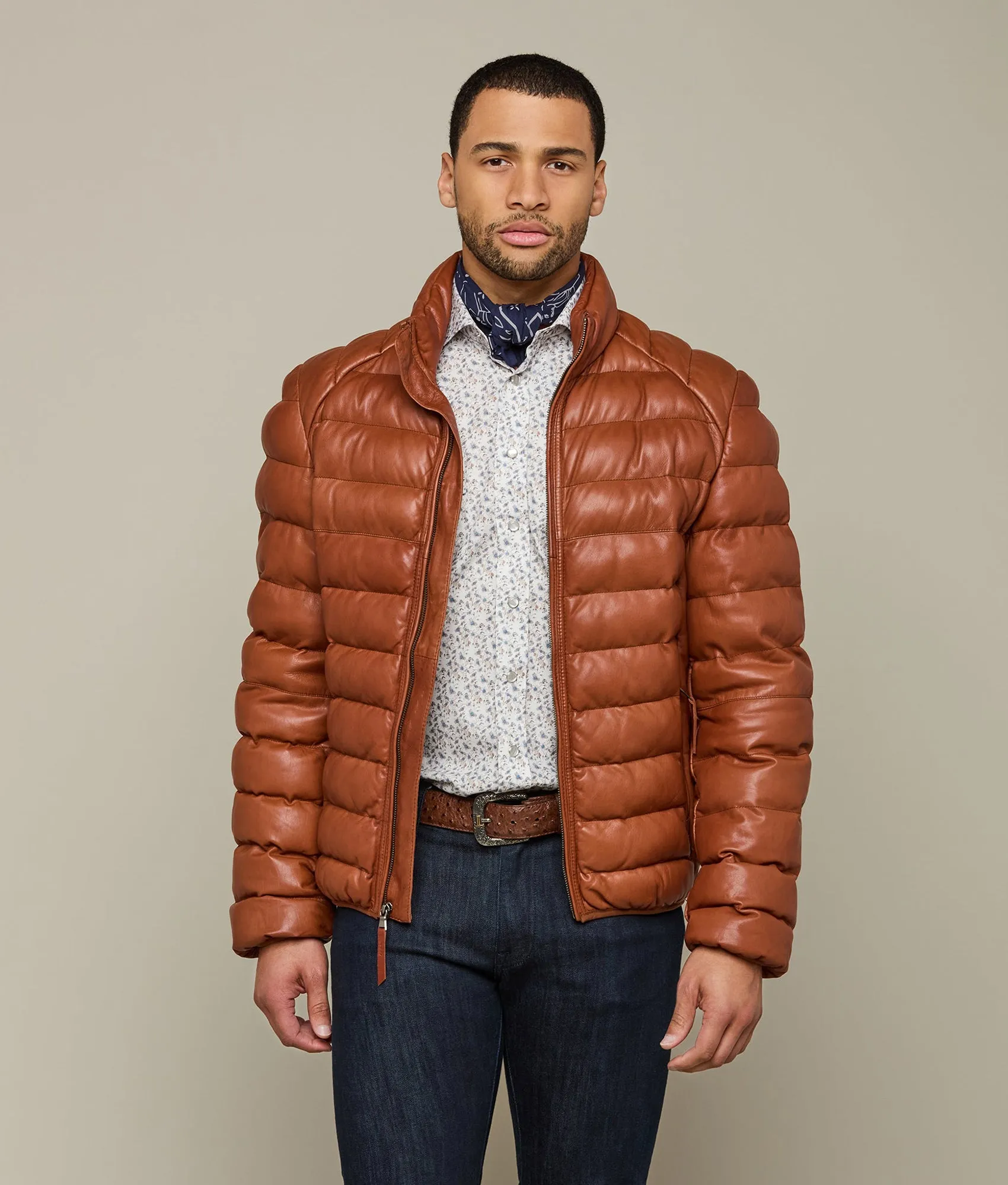 Men's Leather Puffer Jacket :: Cognac