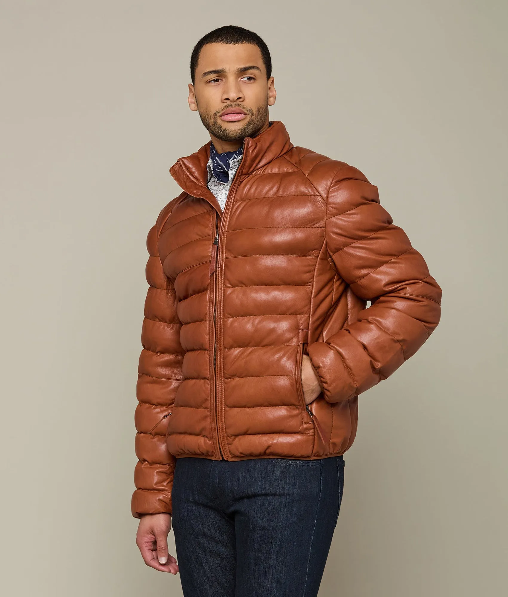 Men's Leather Puffer Jacket :: Cognac