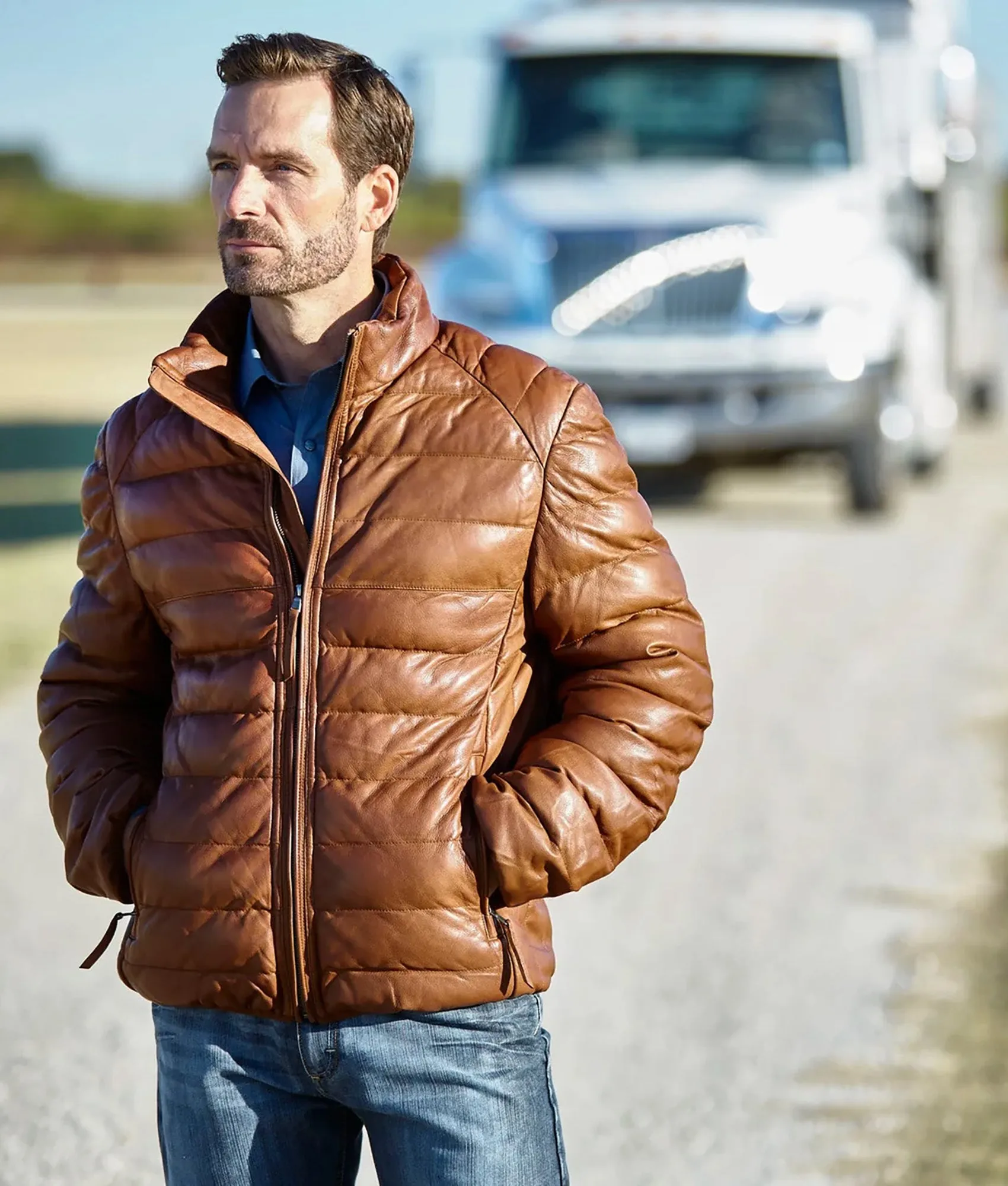 Men's Leather Puffer Jacket :: Cognac