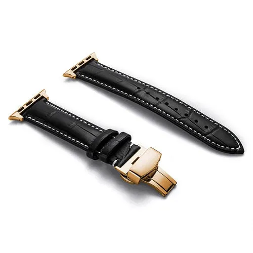 Premium Style Leather Strap with Metal Butterfly Clasp for Apple Watch