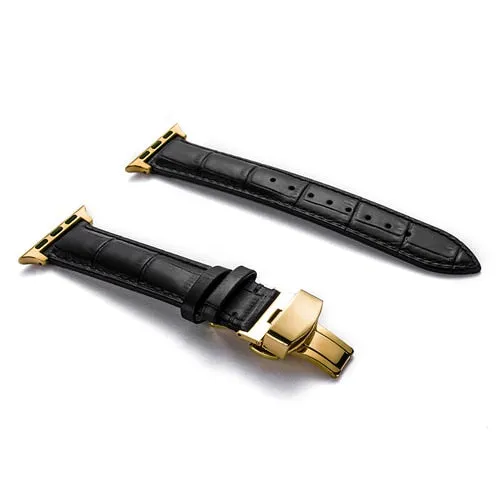 Premium Style Leather Strap with Metal Butterfly Clasp for Apple Watch