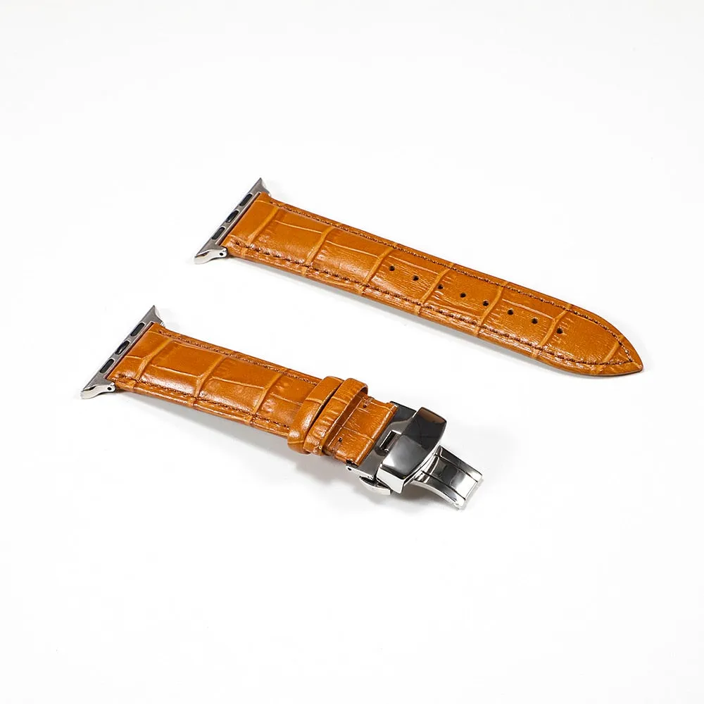 Premium Style Leather Strap with Metal Butterfly Clasp for Apple Watch