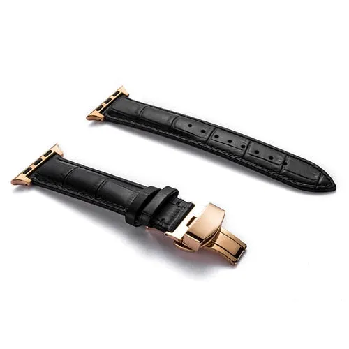 Premium Style Leather Strap with Metal Butterfly Clasp for Apple Watch