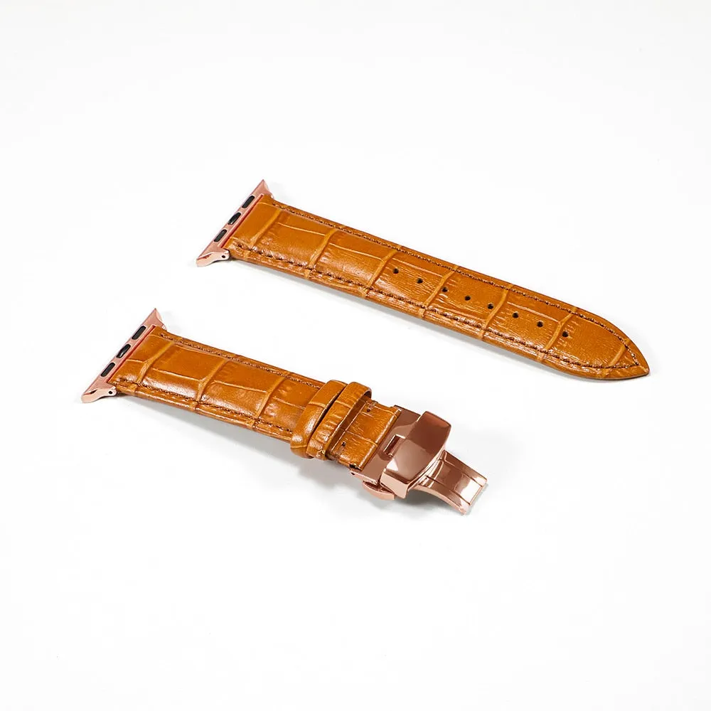 Premium Style Leather Strap with Metal Butterfly Clasp for Apple Watch