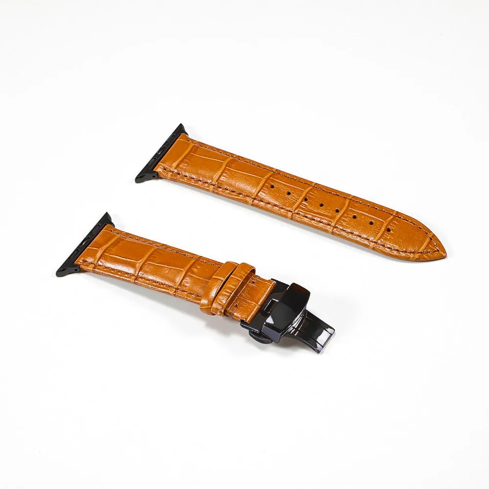 Premium Style Leather Strap with Metal Butterfly Clasp for Apple Watch