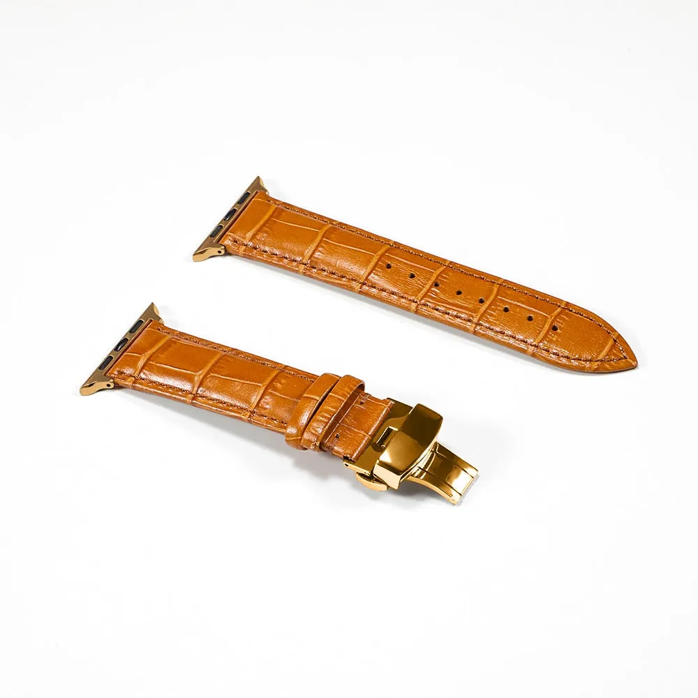 Premium Style Leather Strap with Metal Butterfly Clasp for Apple Watch