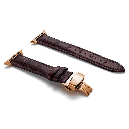 Premium Style Leather Strap with Metal Butterfly Clasp for Apple Watch