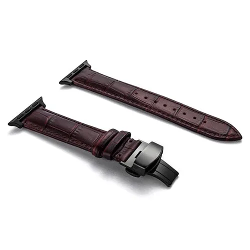 Premium Style Leather Strap with Metal Butterfly Clasp for Apple Watch