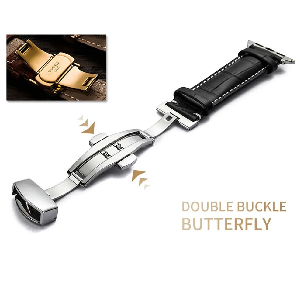 Premium Style Leather Strap with Metal Butterfly Clasp for Apple Watch