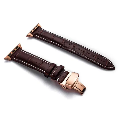 Premium Style Leather Strap with Metal Butterfly Clasp for Apple Watch