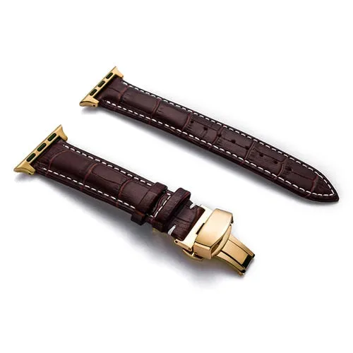 Premium Style Leather Strap with Metal Butterfly Clasp for Apple Watch