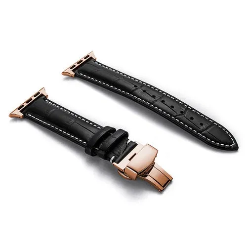 Premium Style Leather Strap with Metal Butterfly Clasp for Apple Watch