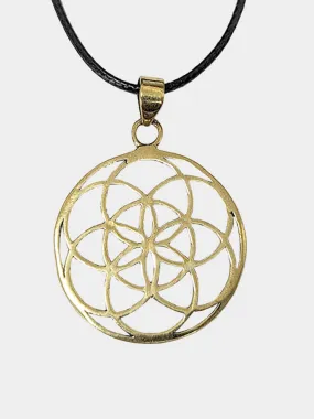 Round Pendant Necklace - Circle Flower - Gold Finish