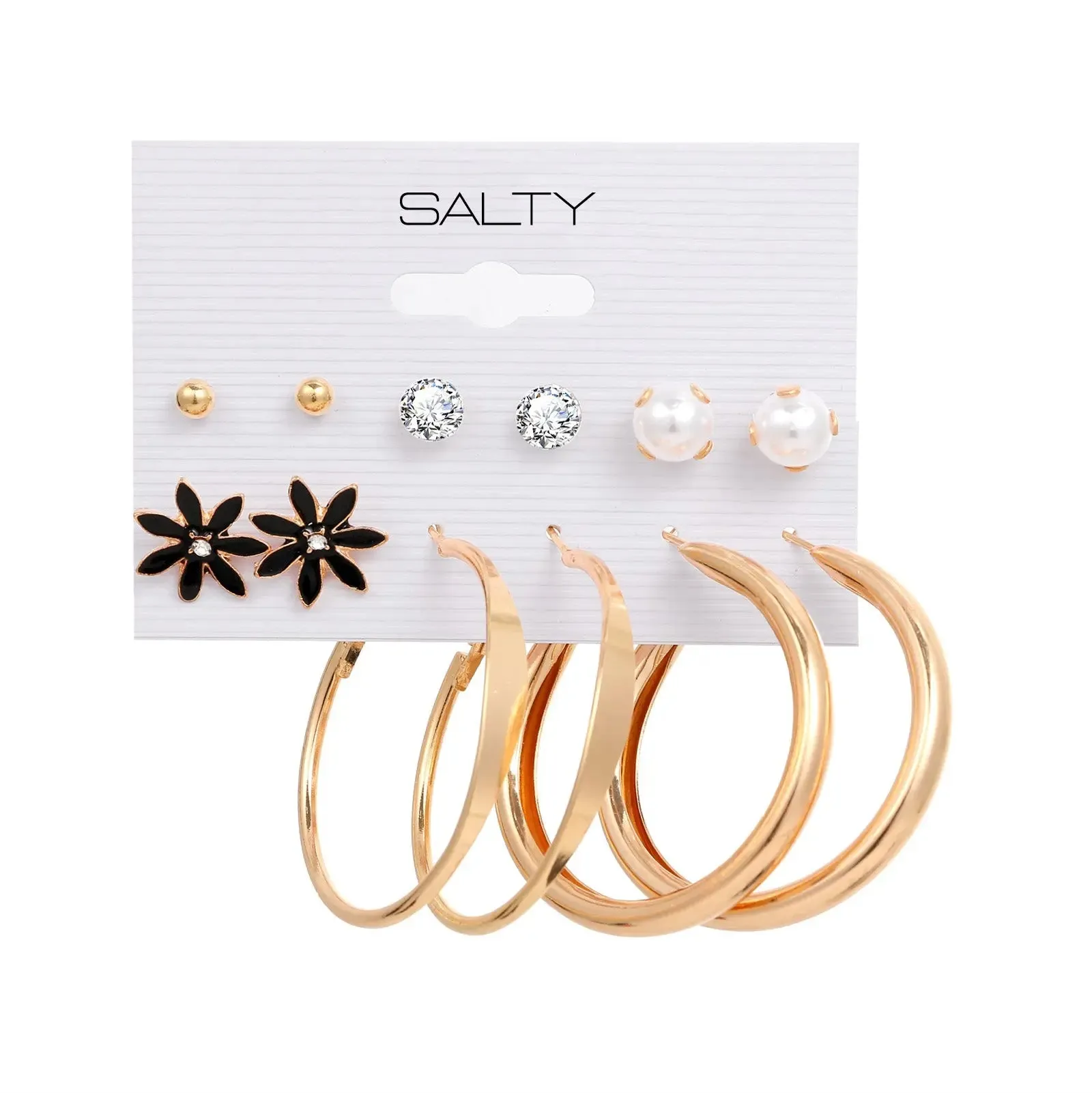 Set of 6 Gold Chunky Classy Hoops with Black Studs