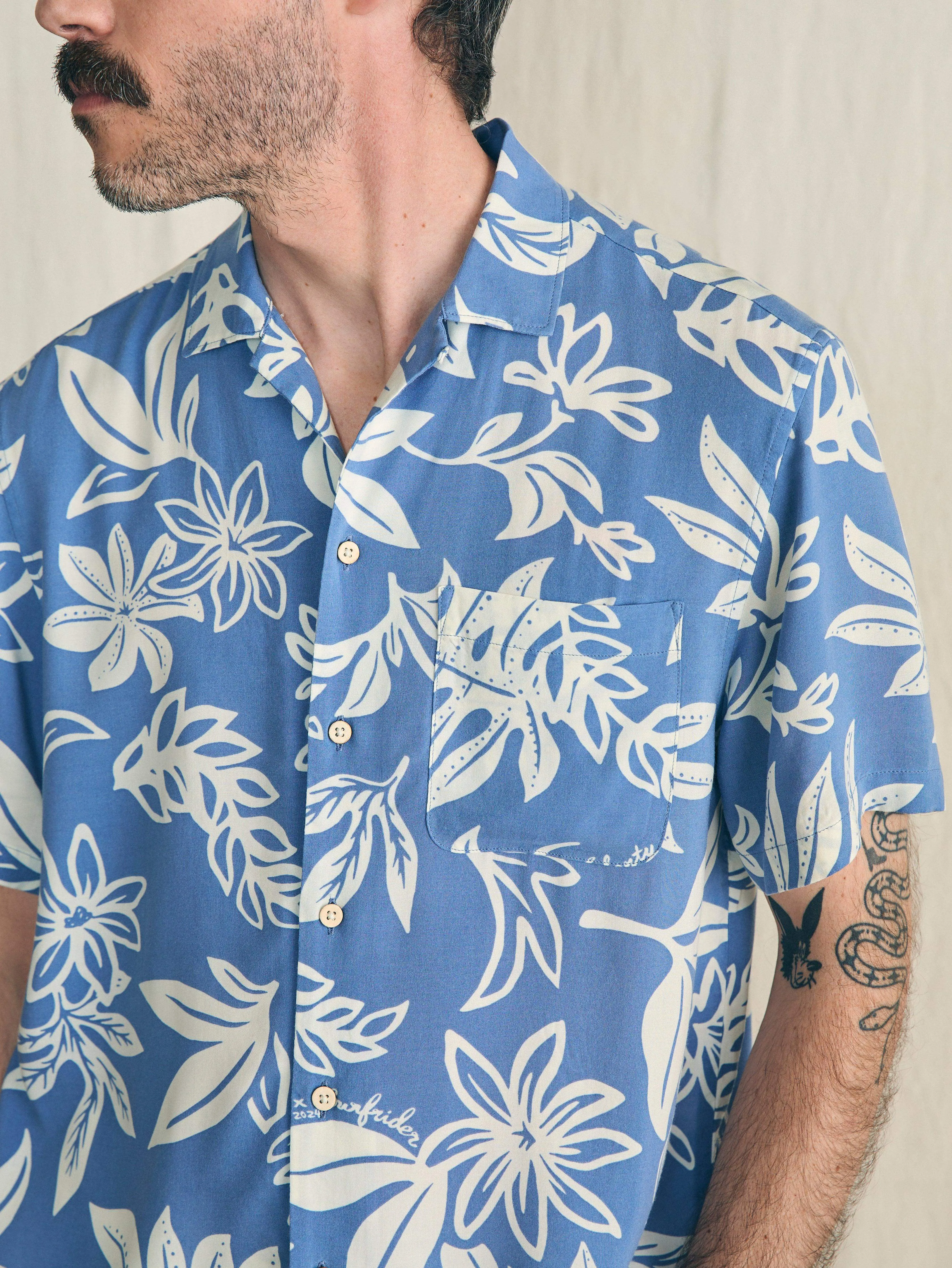 Short-Sleeve Surfrider Rayon Camp Shirt - Sky Floral