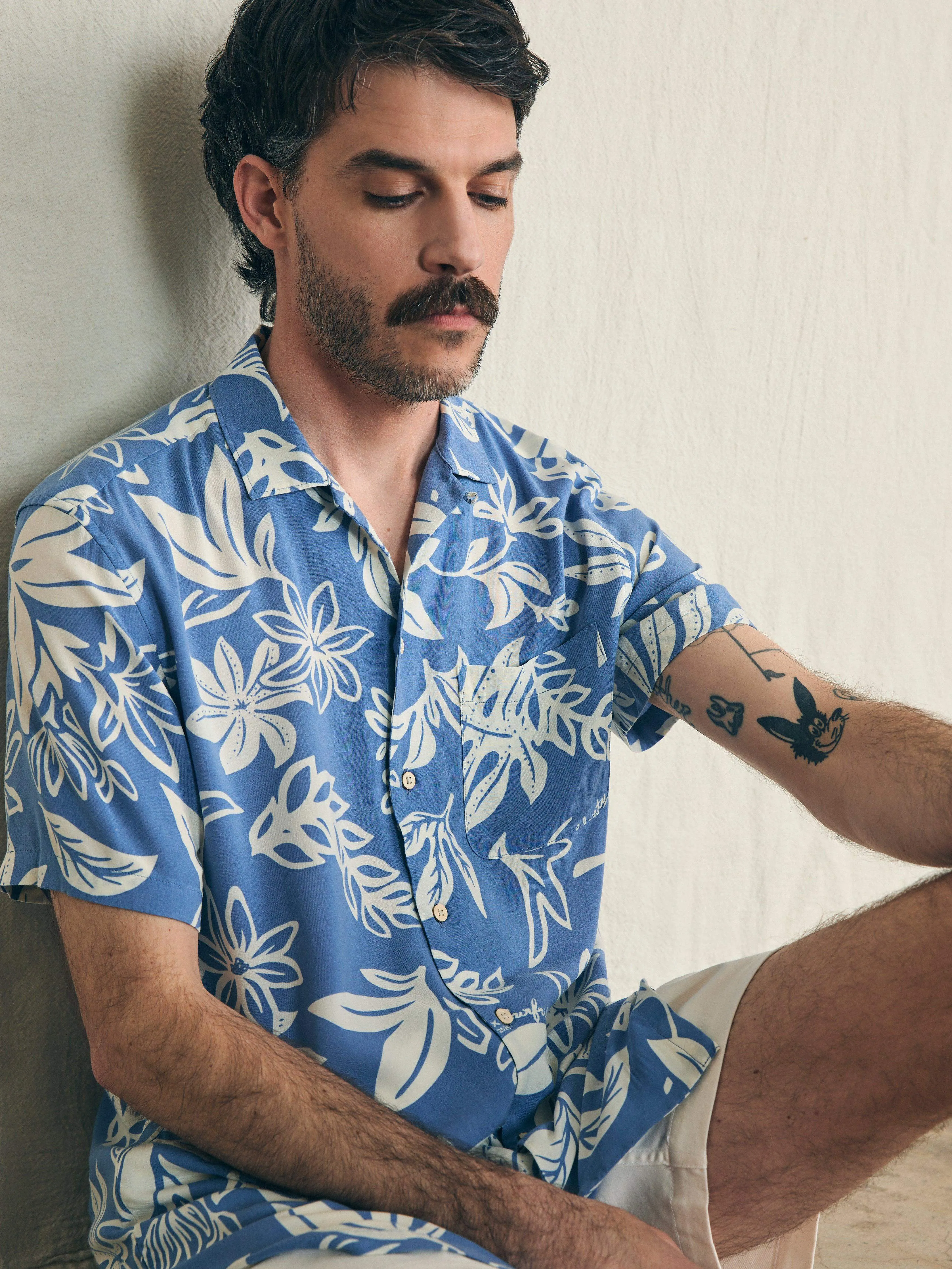 Short-Sleeve Surfrider Rayon Camp Shirt - Sky Floral