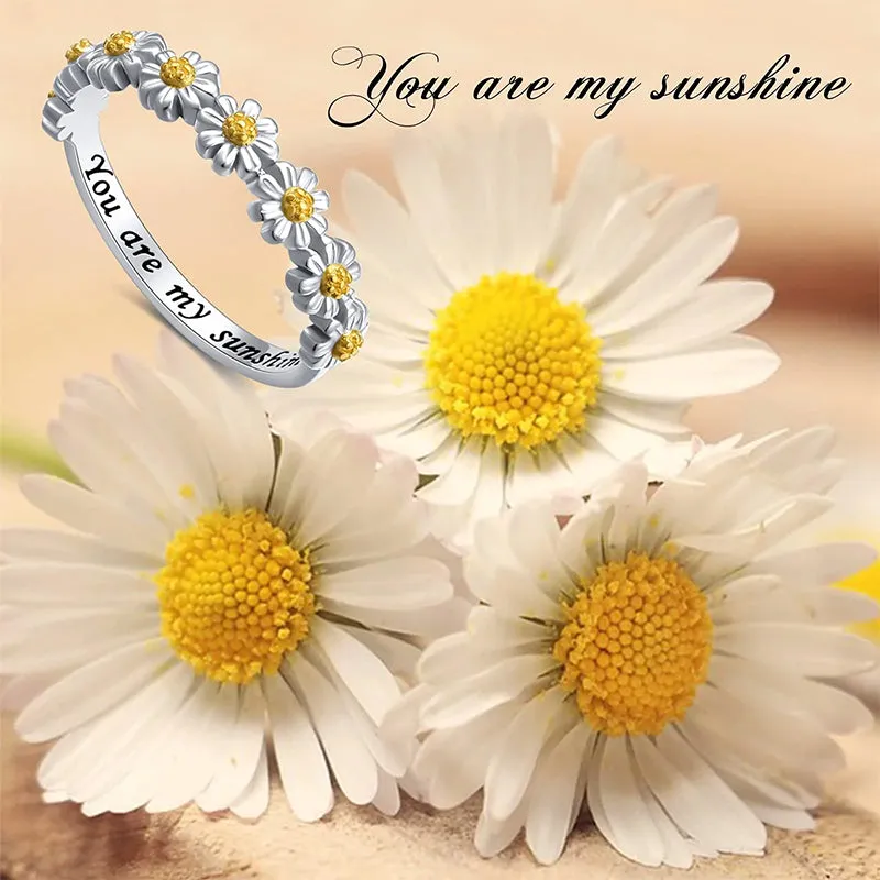 Sterling Silver Daisy Flower Nature Ring Engraved With You Are My Sunshine