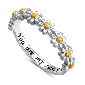 Sterling Silver Daisy Flower Nature Ring Engraved With You Are My Sunshine