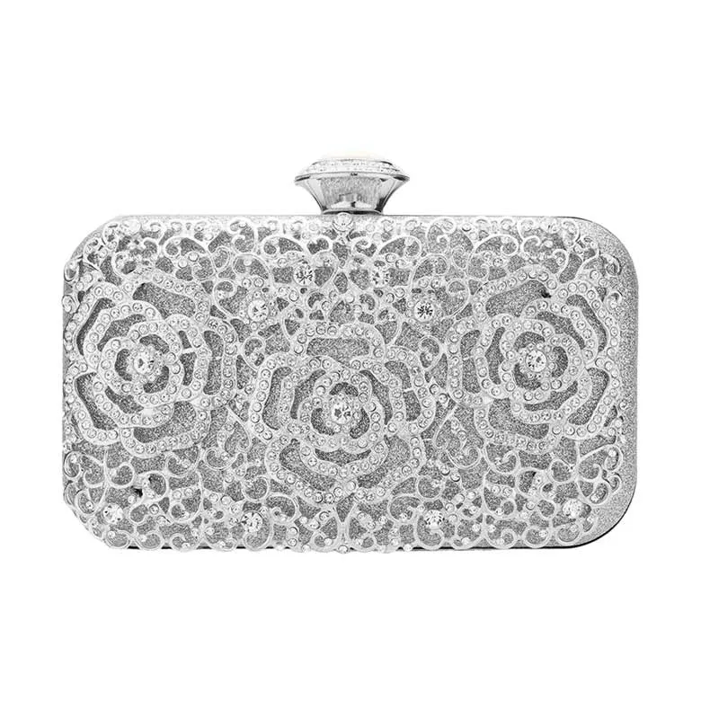 Stone Flower Glittered Evening Tote Clutch Crossbody Bag