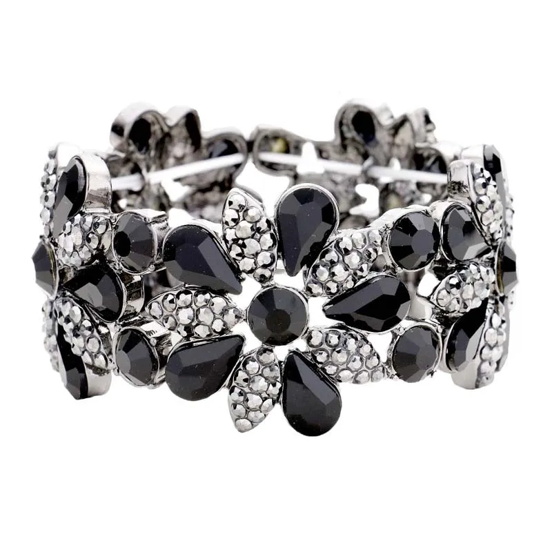 Teardrop Stone Accented Flower Stretch Evening Bracelet