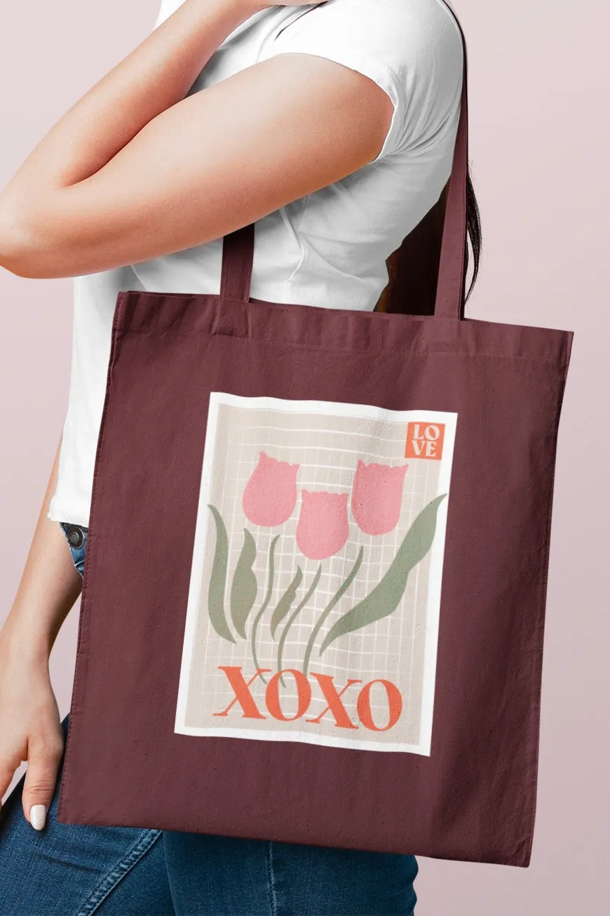 Tulips Stamp XOXO Black/Maroon Tote Bag with Zipper (Coquette Themed)