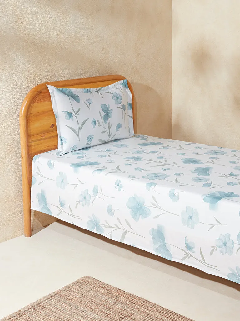 Westside Home Dusty Blue Floral Pattern Single Bed Flat Sheet and Pillowcase Set