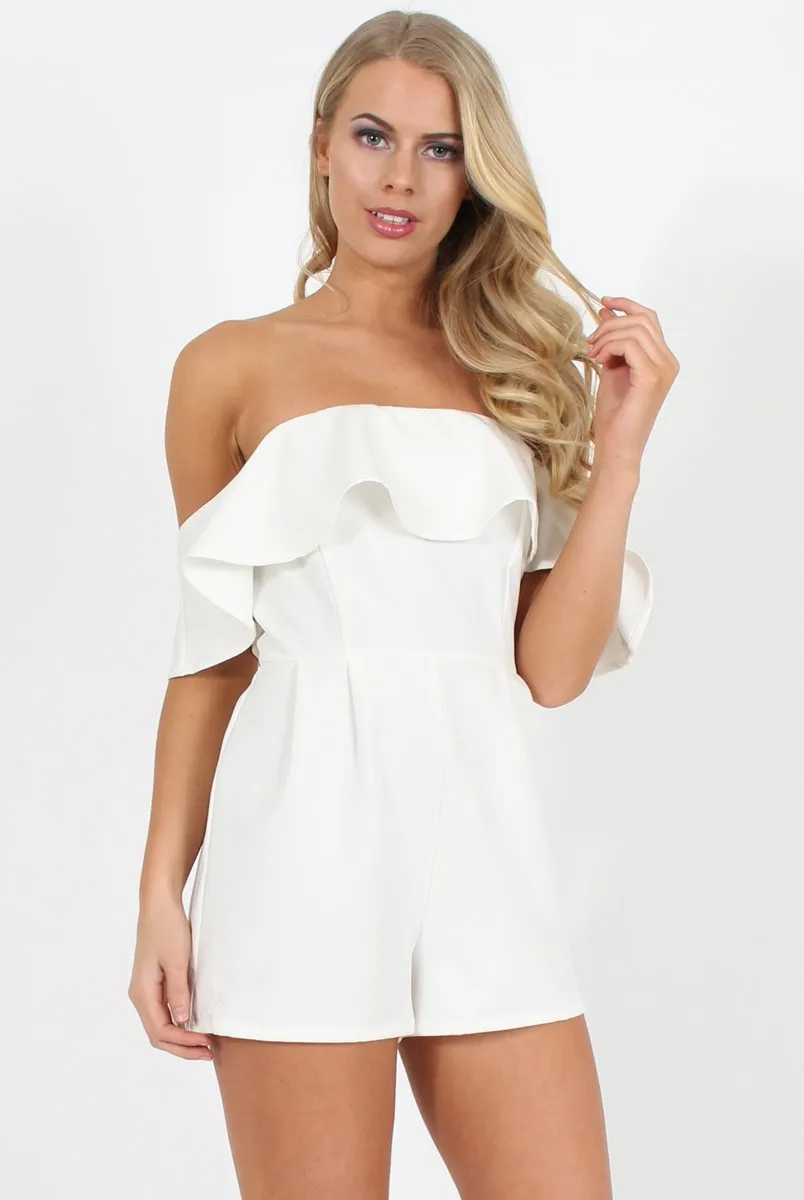 White Off The Should Frill Playsuit - Annalix