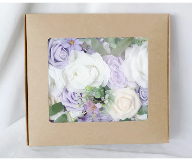 White Purple Roses Flower Box Silk Flower for Wedding Party Decor Proposal