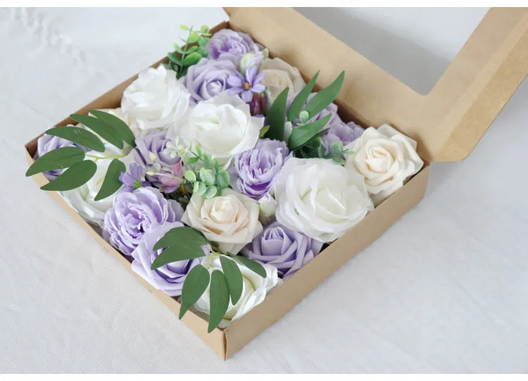 White Purple Roses Flower Box Silk Flower for Wedding Party Decor Proposal