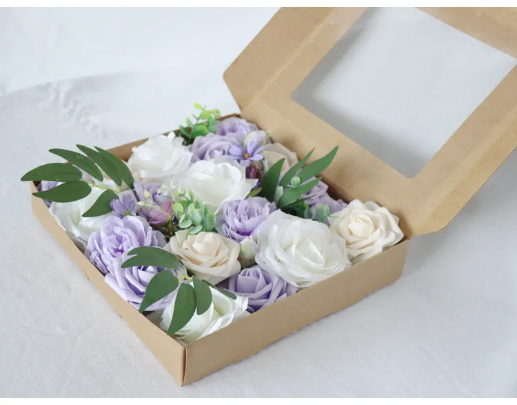 White Purple Roses Flower Box Silk Flower for Wedding Party Decor Proposal