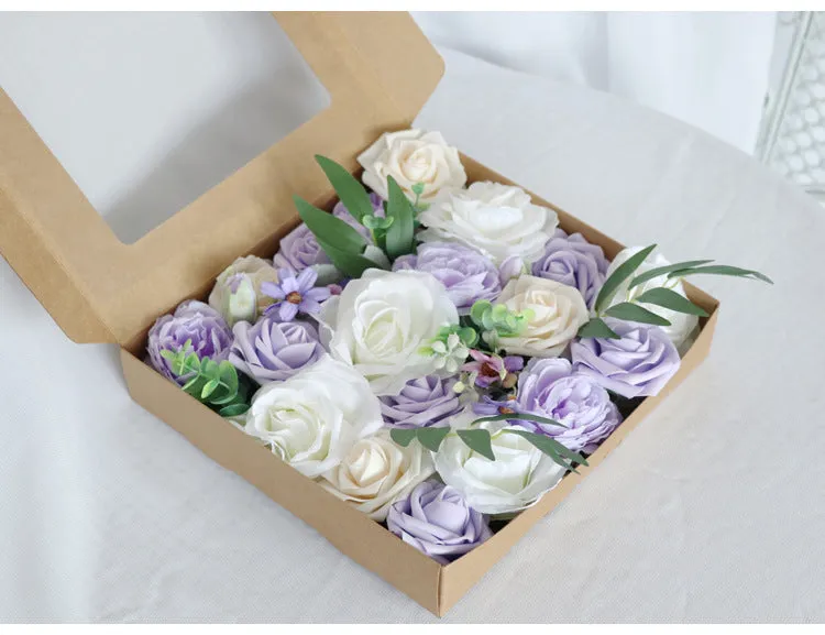 White Purple Roses Flower Box Silk Flower for Wedding Party Decor Proposal