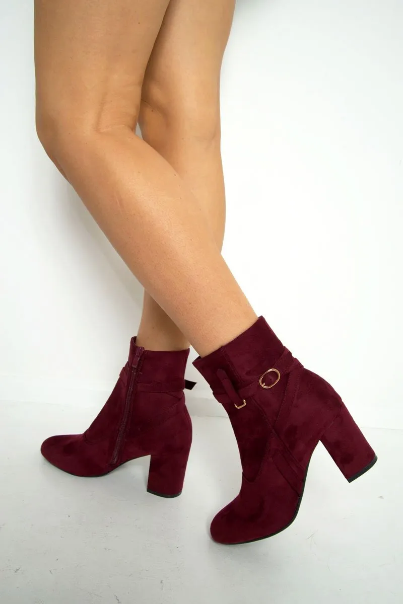 Wine Faux Suede Strap Detail Buckle Ankle Boots - Sabryna