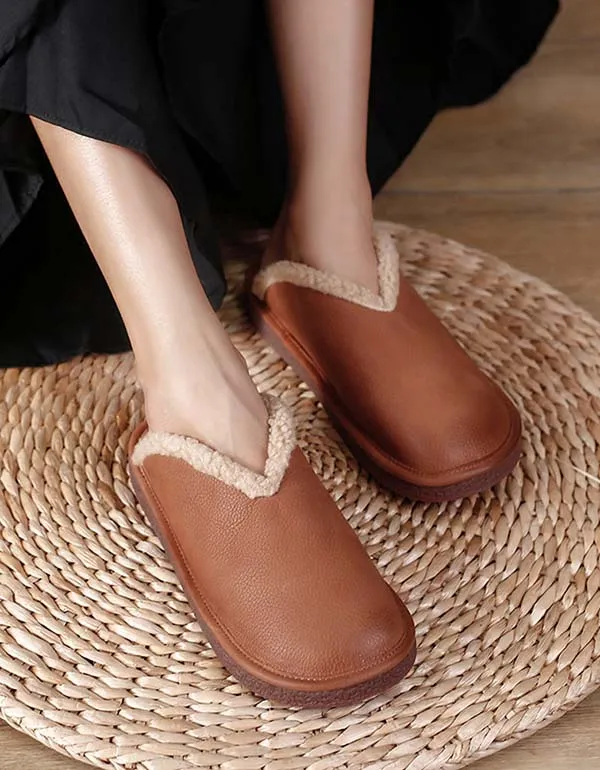 Winter Mules Plush Retro Leather Slippers