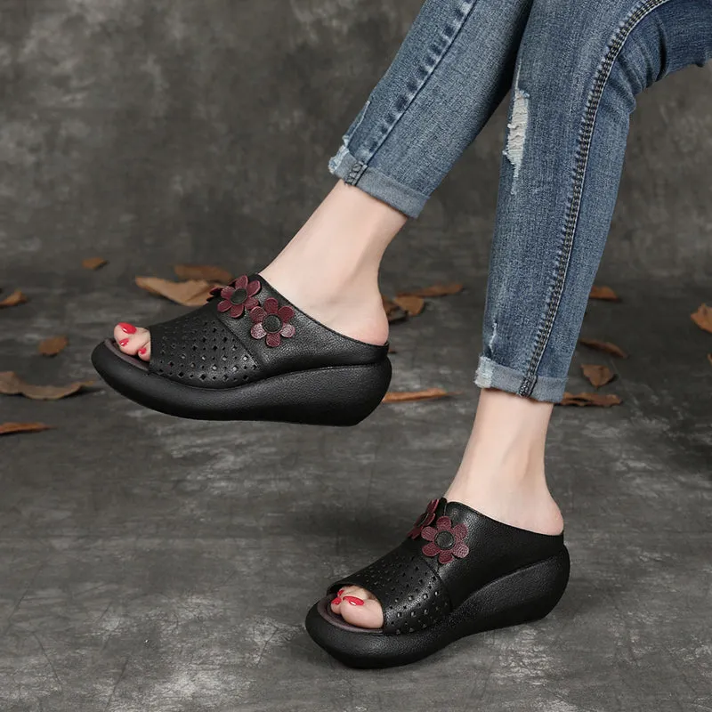 Women's Retro Leather Flower Wedge Slides