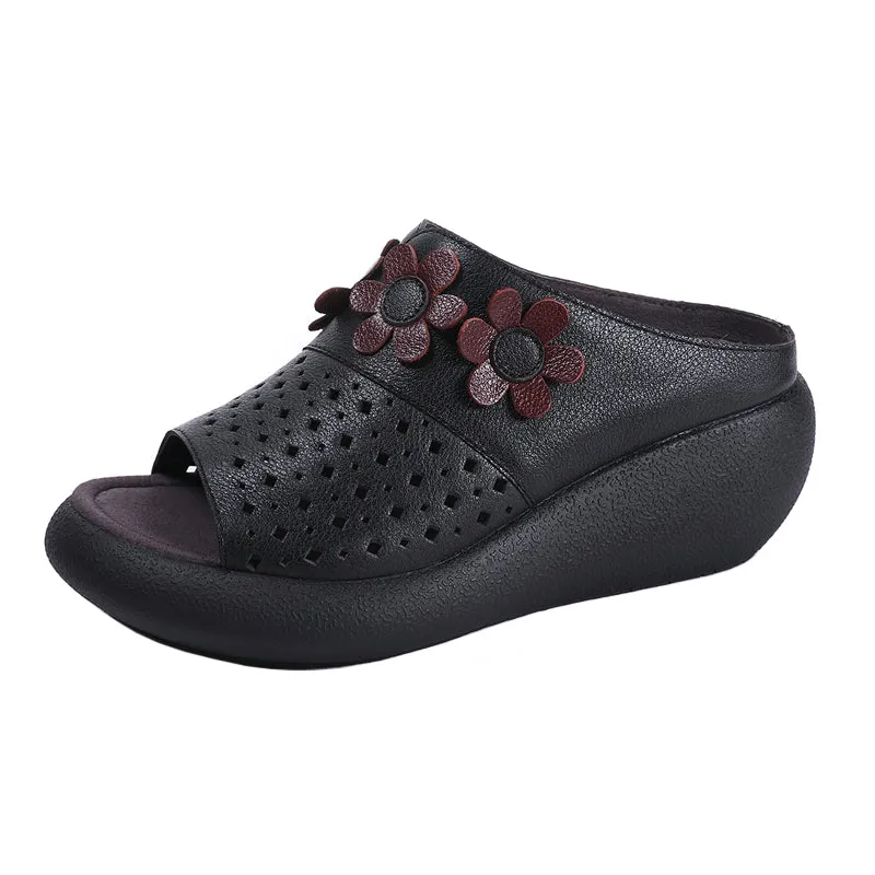 Women's Retro Leather Flower Wedge Slides