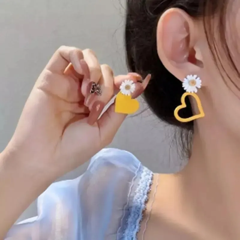 Yellow Blossom Heart Flower Drop Earrings