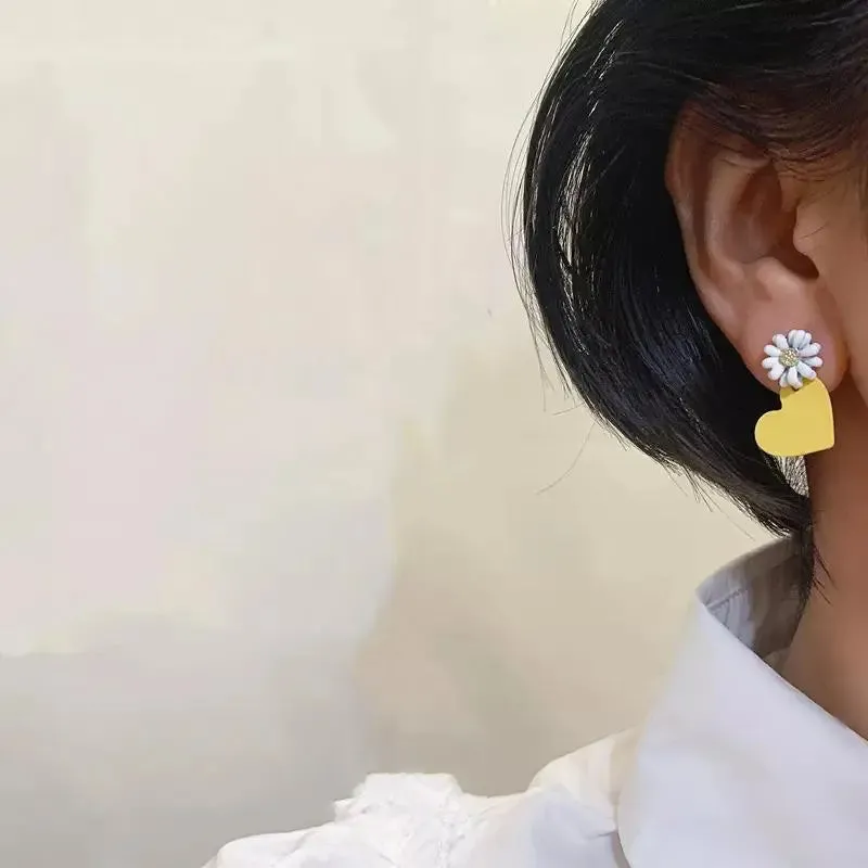 Yellow Blossom Heart Flower Drop Earrings