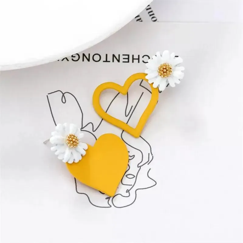 Yellow Blossom Heart Flower Drop Earrings