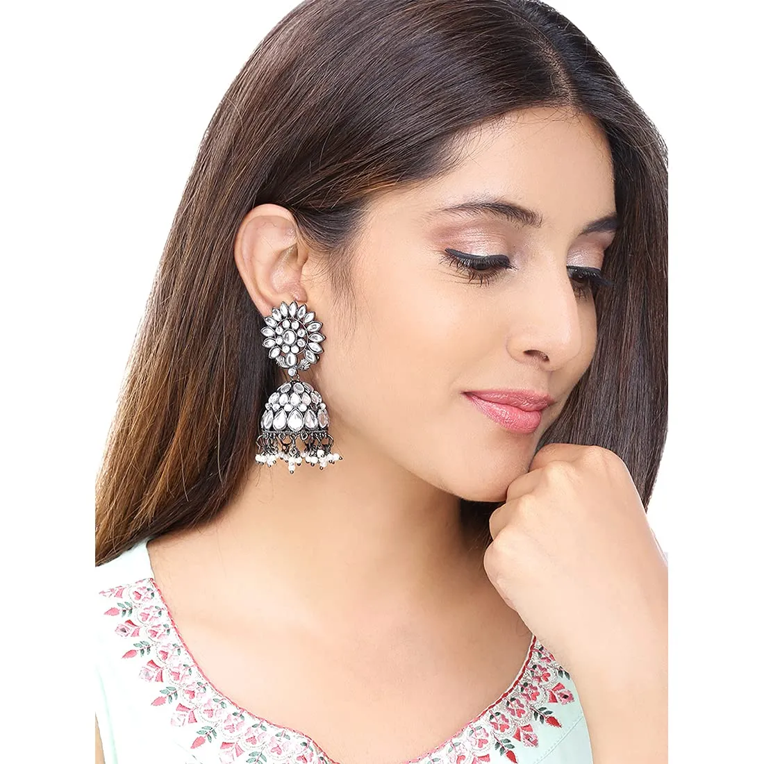 Yellow Chimes Black Gun Plated Studded Stones Flower Design Traditional Jhumka Earrings for Women And Girls, Medium (Model Number: YCTJER-87STLFJH-WH)