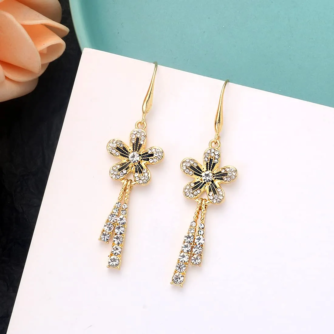 Yellow Chimes Earrings For Women Gold Toned Crystal Studded Flower Drop Chain Tassel Dangler Earrings For Women and Girls