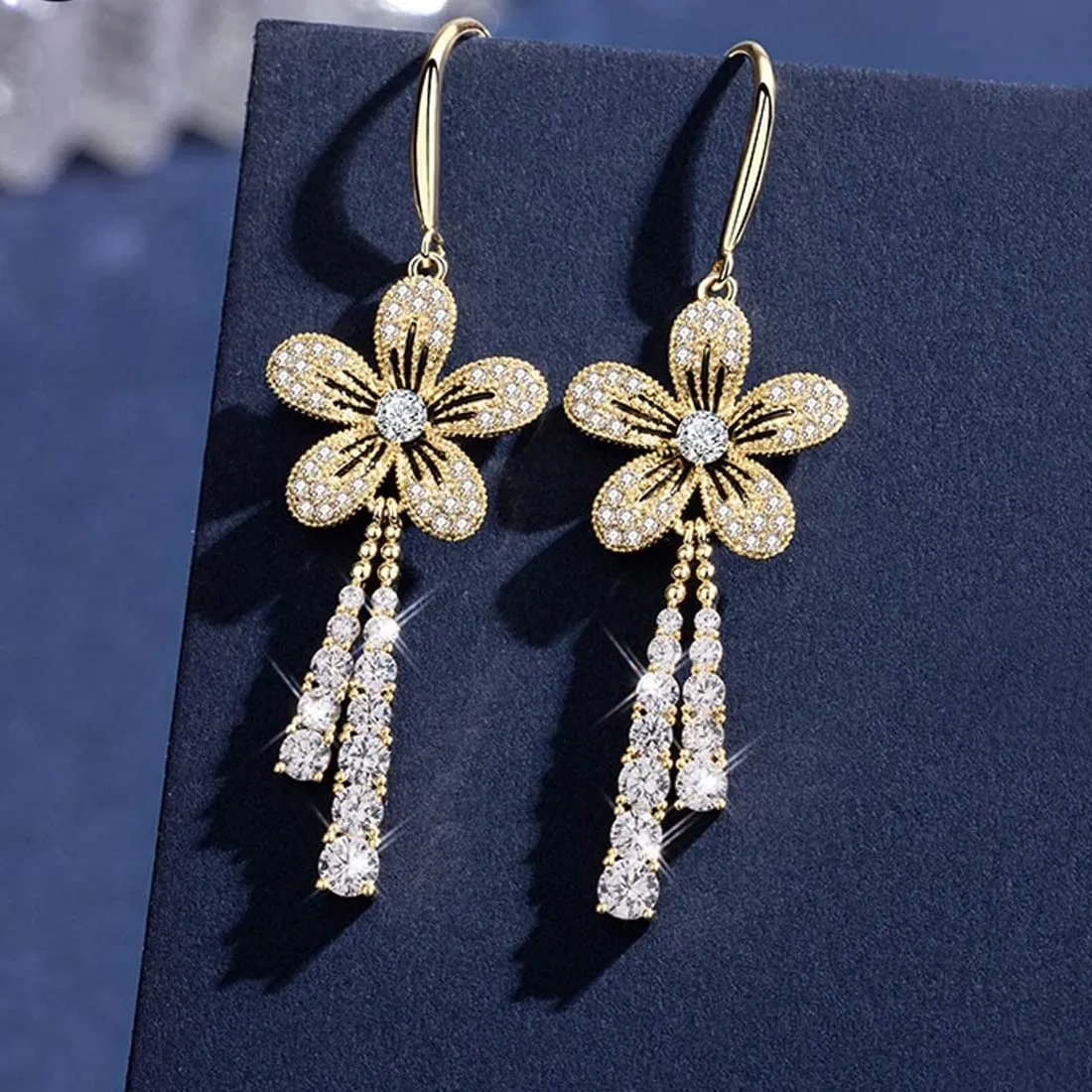 Yellow Chimes Earrings For Women Gold Toned Crystal Studded Flower Drop Chain Tassel Dangler Earrings For Women and Girls